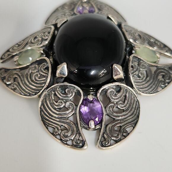 Vintage Silver Petal Pendant With Onyx Center, Accented By Amethyst & Citrine - Picture 2 of 8